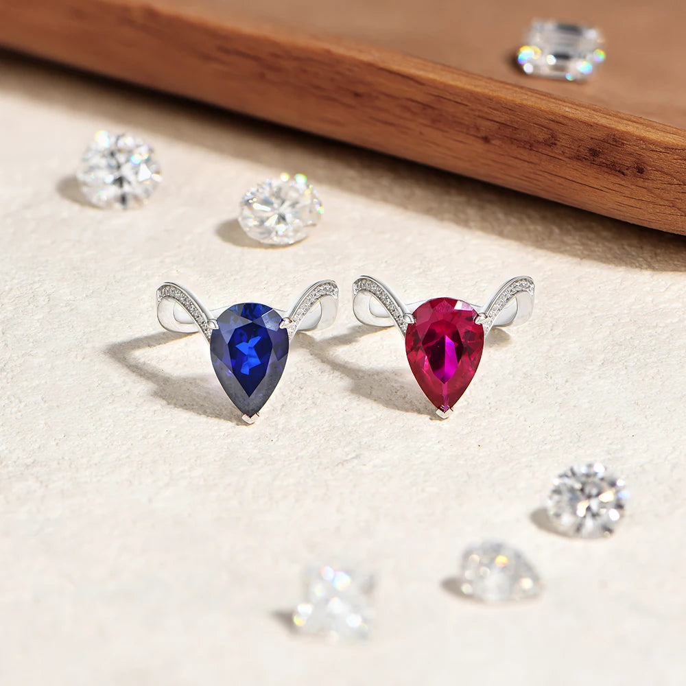 6 CT Pear Cut Lab Sapphire & Ruby Wedding Ring