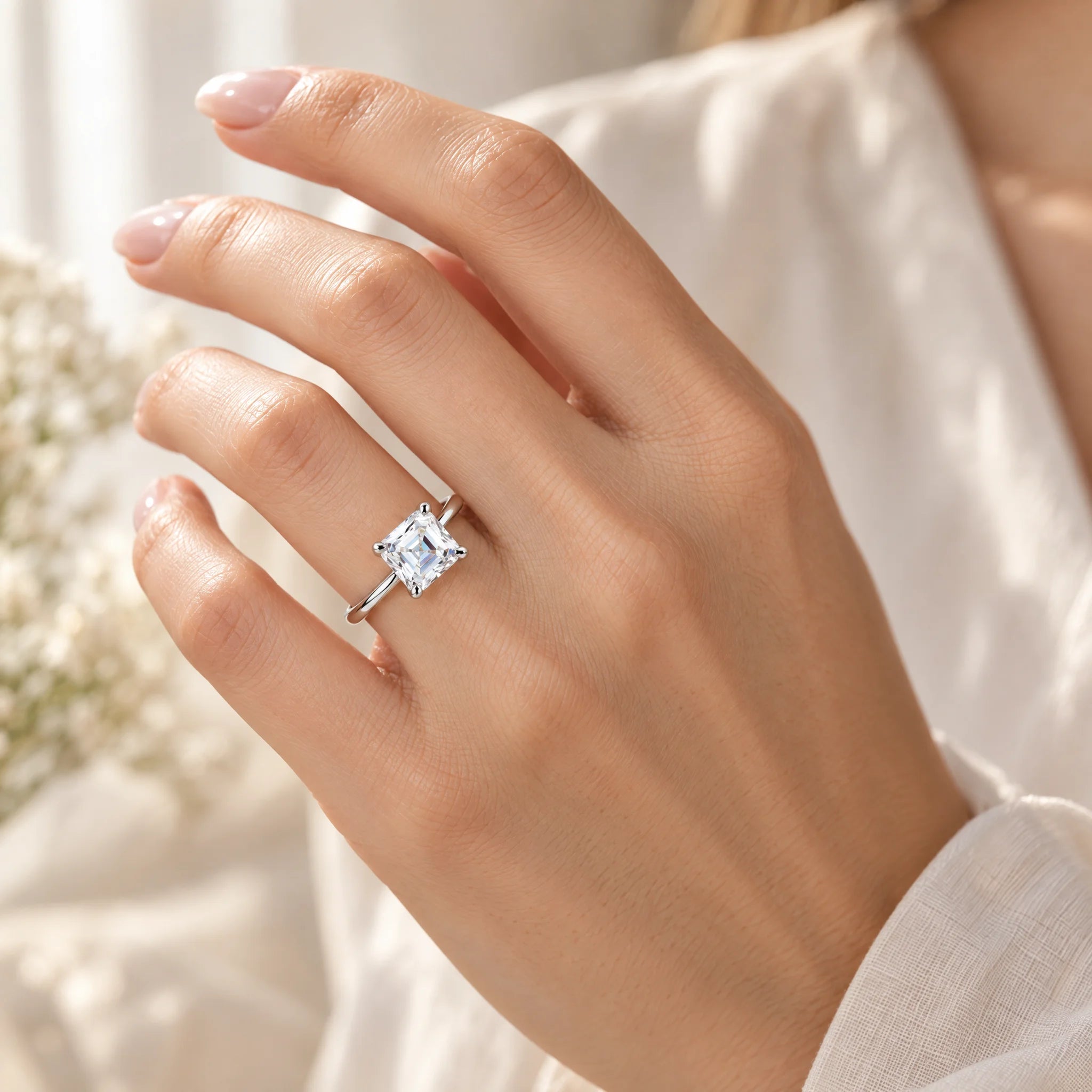 3CT D Color Asscher Cut Moissanite Engagement Ring
