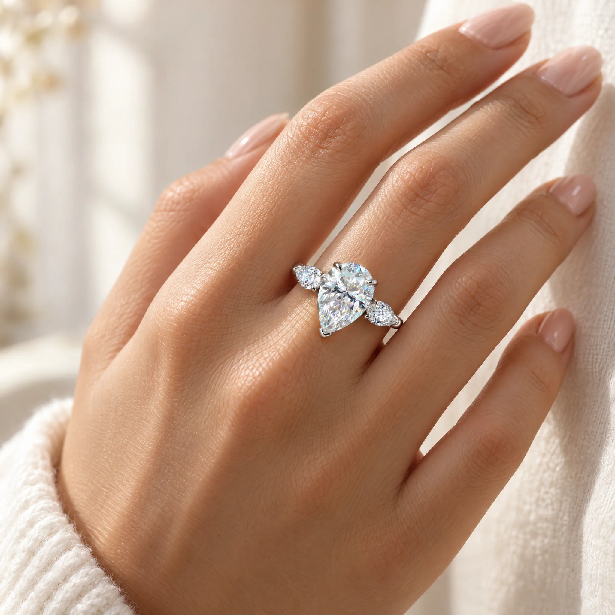 6 CTTW Pear Cut Moissanite Engagement Ring